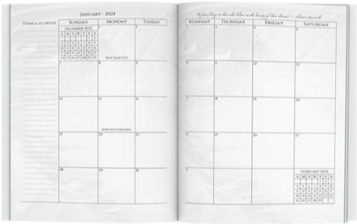 Monthly spread has motivating quote each month with Dated blocks, notes & U.S. holidays