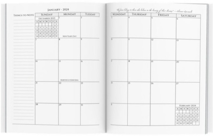 Monthly spread has motivating quote each month with Dated blocks, notes & U.S. holidays