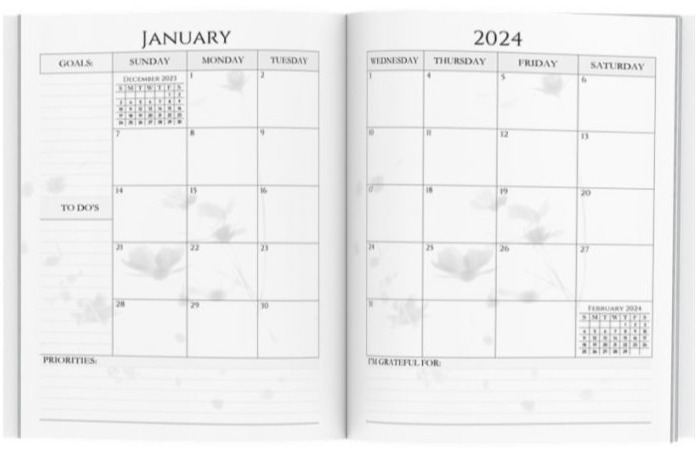 2024 Purple Floral Monthly, Weekly, Daily Personal Planner Month at-a-glance with two-page spread monthly views