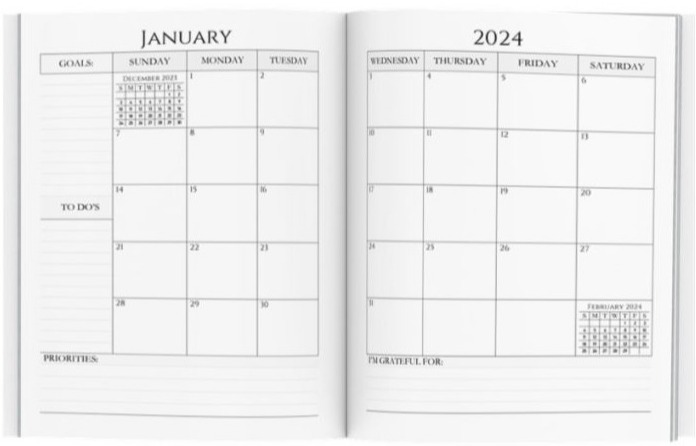 2024 Purple Floral Monthly, Weekly, Daily Personal Planner Month at-a-glance with two-page spread monthly views