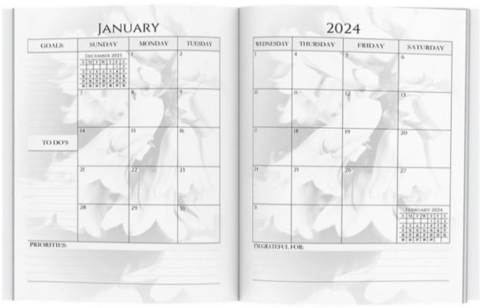 Month at-a-glance with two-page spread monthly views