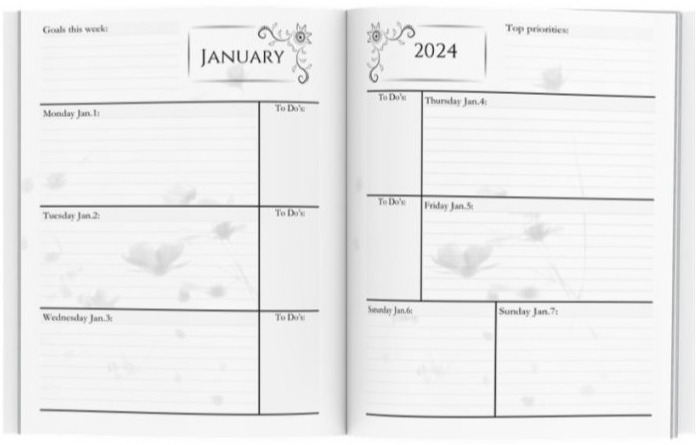 2024 Monthly, Weekly, Daily Personal Planner Week at-a-glance with two-page spread weekly views