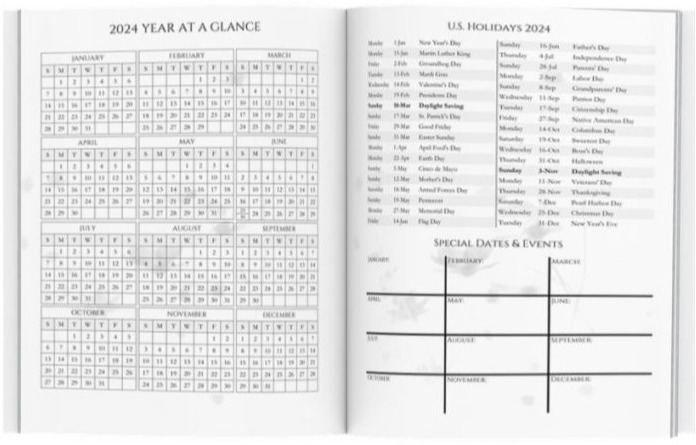 2024 Monthly, Weekly, Daily Personal Planner Week at-a-glance with two-page spread weekly views