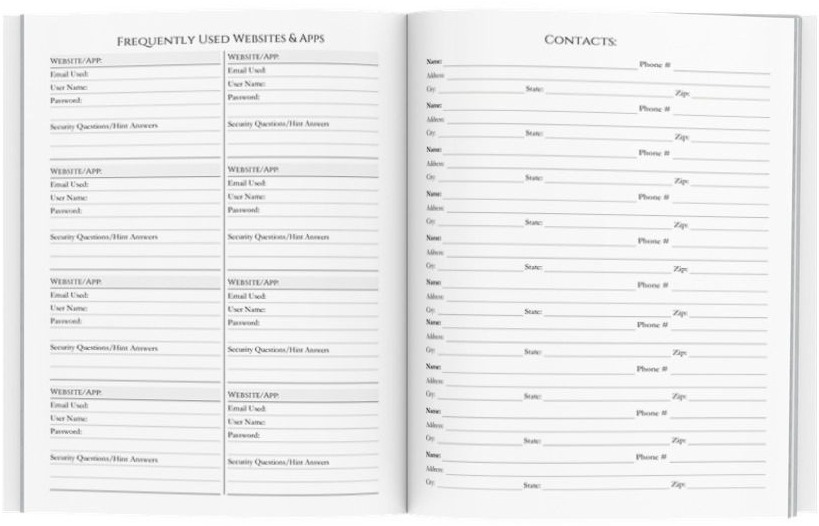 Password tracker and Contacts pages