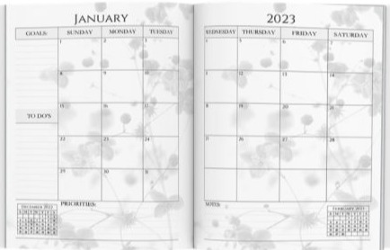 Month at-a-glance with two-page spread monthly views