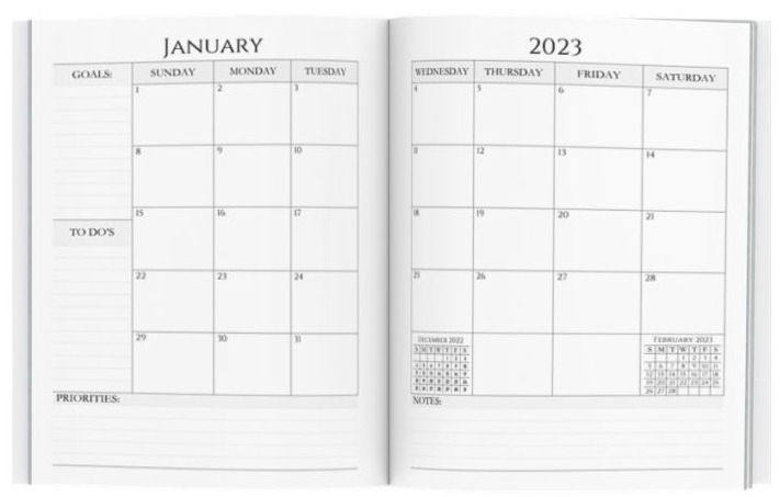 Month at-a-glance with two-page spread monthly views